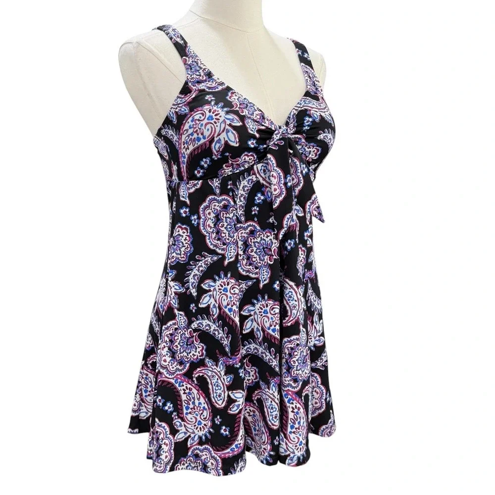 Swim Solutions Swim Dress Size 8 One Piece Paisley Tummy Control Bow Front NWT - Picture 4 of 10